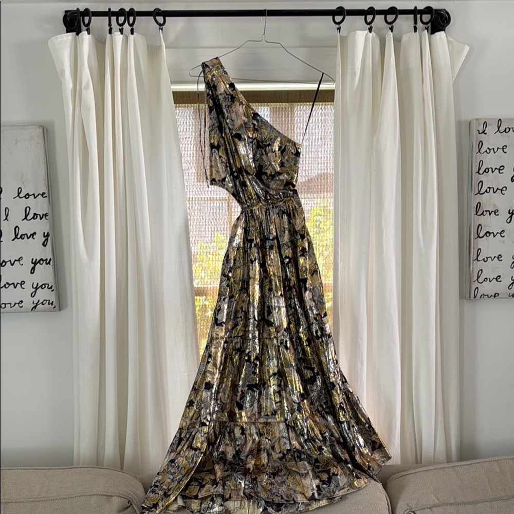 Elegant One-Shoulder tie metallic navy and Gold Dress maxi elastic waist size 0